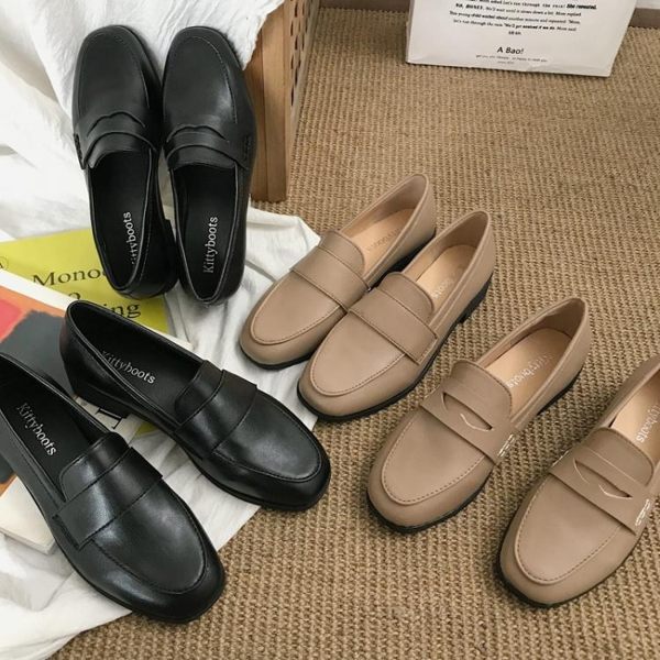 現貨-ins網紅黑色小皮鞋女英倫風2019春季新款百搭平底單鞋樂福豆豆鞋【6-21】