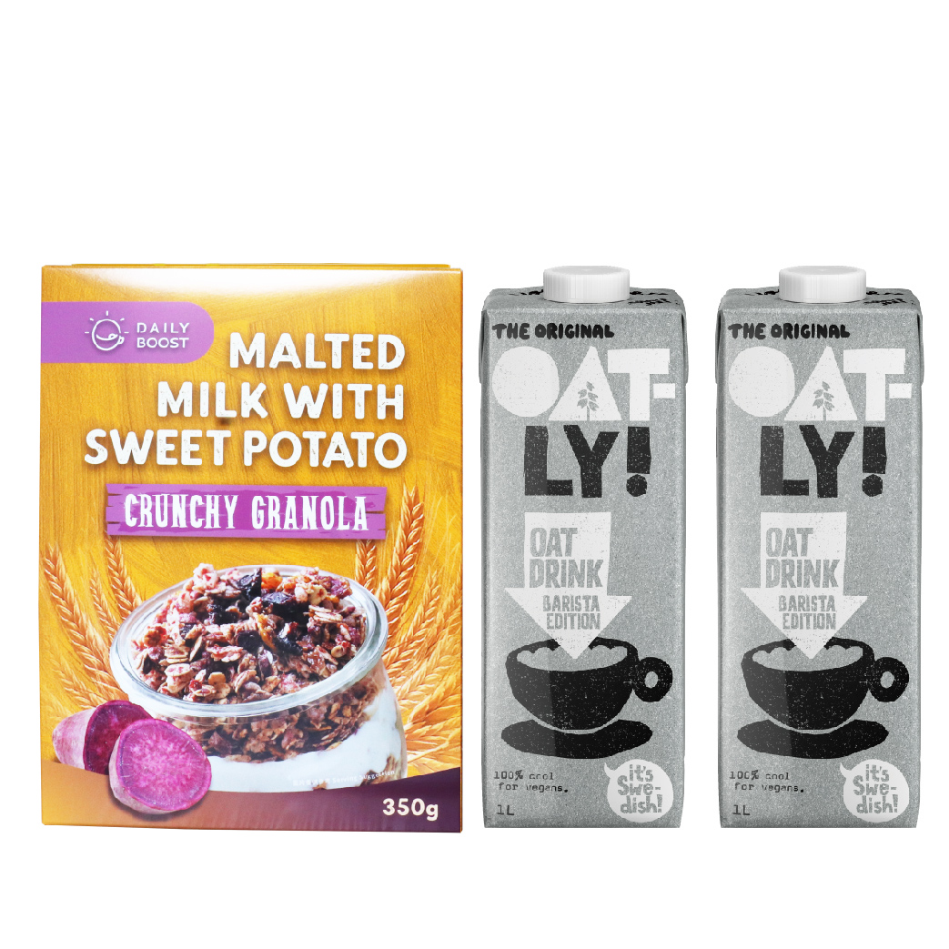 ．OATLY咖啡師2入組特價 $438 ($219*2)、牛奶紫薯烤燕麥 原價$249，組合價87折，現省$339!．每份 含糖 8g ｜ 10% 燕麥含量 ｜熱量 145.5kcal．OATLY來自