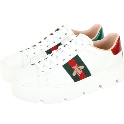 GUCCI Ace 蜜蜂刺繡鋸齒厚底繫帶小白鞋(白色)