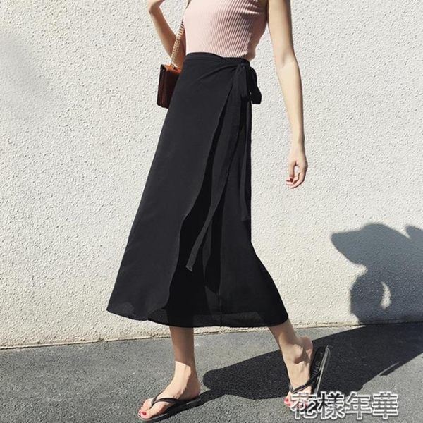 雪紡半身裙女夏中長款新款純色一片式繫帶裹裙海邊度假沙灘裙 花樣年華