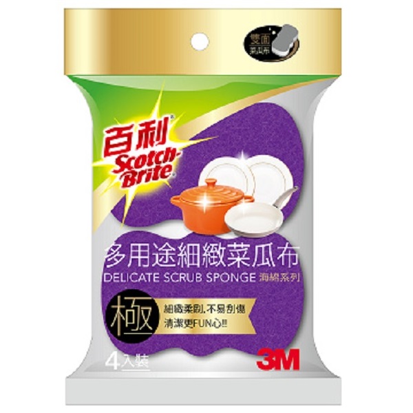 細緻菜瓜布材質不含金鋼砂,清潔油污的同時降低刮傷餐具與器具的機率,避免滋生細菌與損壞 抗菌配方，乾淨又衛生 採用安全原料，用得安心 耐高溫可達100度C沸水 好握造型,清潔更省力 海綿面:柔軟彈性,起