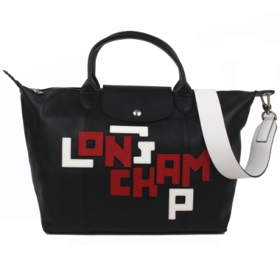 LONGCHAMP 字母LOGO小羊皮短把手提/斜背兩用水餃包(中款/經典黑)