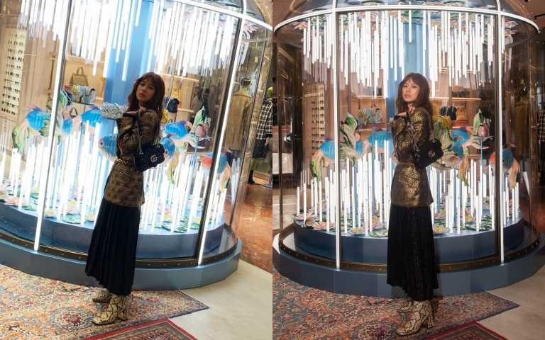 GUCCI 亮閃黑絨襯衫／43,000元、暗棕GG Logo 帆布外套／130,000元、亮閃黑絨長裙／52,500元、蛇皮紋路中低跟長靴／58,200元、GG Marmont 系列迷你亮片肩背包／82,000元、Interlocking G 金鍊腰帶／36,500元（圖／品牌提供）