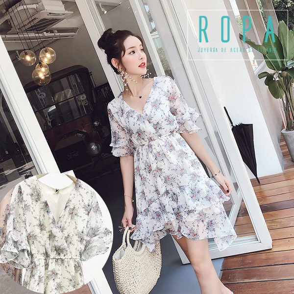 韓系交叉V領花朵雪紡鬆緊高腰不規則裙擺洋裝【E318037】