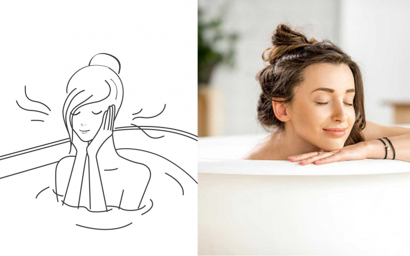  邊泡澡邊做臉部按摩有效利用時間。（圖／品牌提供、IG@mira.aroma.tv）