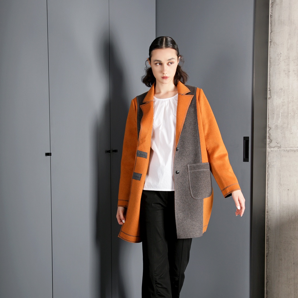 異色拼接西裝領毛料大衣 羊毛 西裝外套 大衣