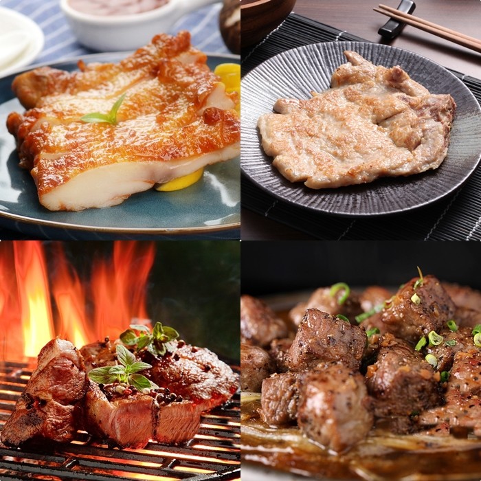 1.品名/商品淨重(固形物) 蒜味雞腿排 /230公克 里肌豬排 /120公克+-10% 紐澳梅花骰子牛/100公克 2.成分： 蒜味雞腿排:去骨腿排、蒜頭、米酒、糖、鹽、胡椒、香油、味鮮(L-麩酸鈉