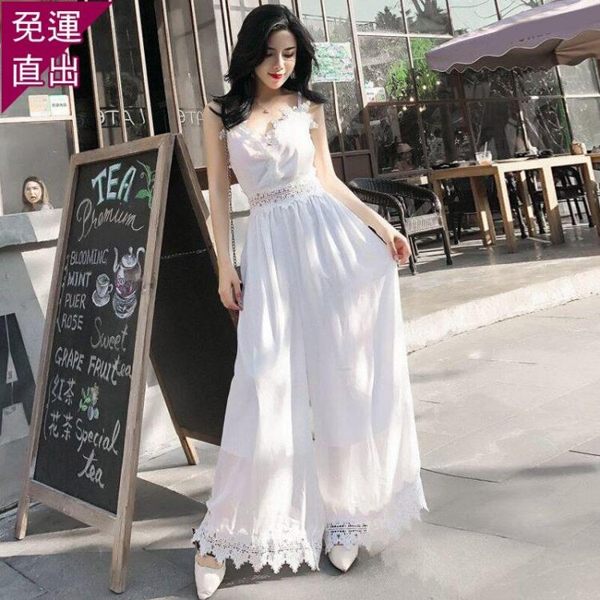 吊帶褲夏季韓版超仙蕾絲V領吊帶連體闊腿褲女拼接高腰雪紡沙灘休閒褲子【快速出貨】