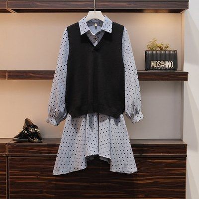 中大尺碼XL-5XL棉花糖秋裝新款中長款波點裙 毛衣馬甲兩件套8683 8273.4F096胖胖唯依