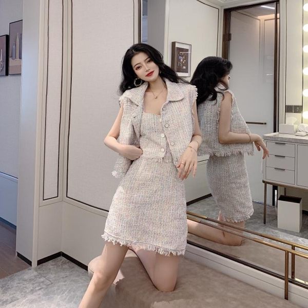 時尚套裝翻領須邊馬甲小外套上衣 排扣吊帶背心 高腰A字半身裙