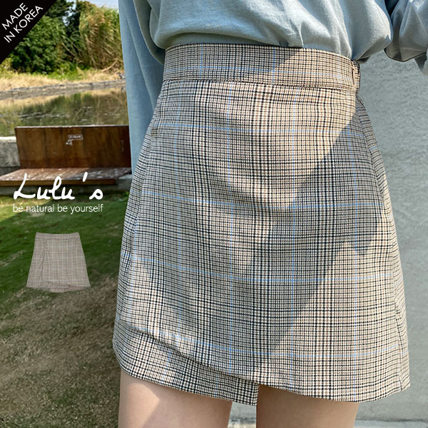 030523♦ 配色格紋樣式/裙襬高低剪裁/後鬆緊/側邊拉鍊/有裙裝內裡