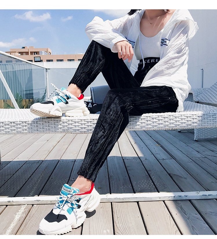 FINDSENSE品牌 秋季 新款 韓國原裝 女 個性 百搭 金絲絨 學院風 顯瘦 寬鬆 休閒長褲 潮流 運動褲