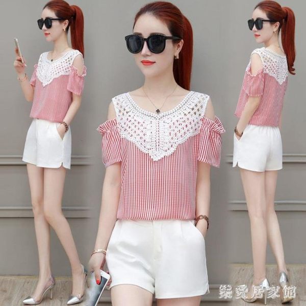 韓版新款大碼蕾絲雪紡衫女 短袖氣質百搭遮肚子顯瘦條紋露肩上衣女 LN1222【樂愛居家館】