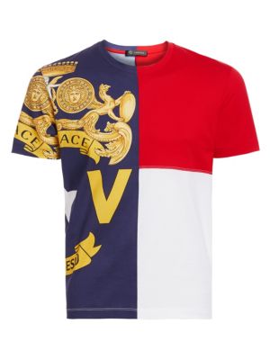 Colorblocking t-shirt with opulent barocco illustrations is the epitome of glamour.; Crewneck; Short