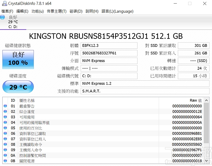 儲存裝置是搭載 NVMe 介面的 SSD，容量為 512GB。