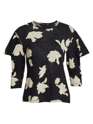 Abstract floral is paired with unique draped puff shoulder for a romantic look.; Crewneck; Three-qua