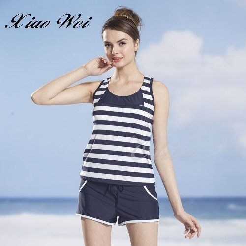 ☆小薇的店☆泳之美品牌【經典藍白條紋款】 時尚二件式連身褲泳裝特價1090元NO.28613(L-XL)