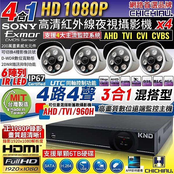 高畫質AHD/TVI 1080P 4路4聲DVRn含四合一1080P SONY 200萬攝影機x4組