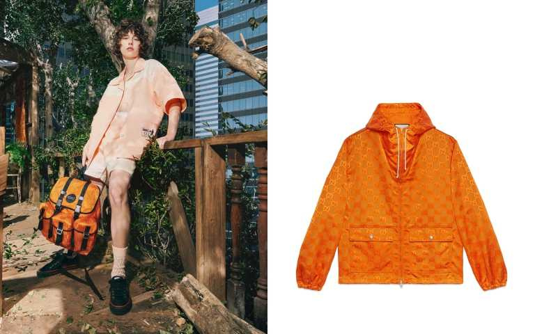 Gucci Off The Grid 系列多功能亮橘小型後背包／68,900元、亮橘運動風衣／51,500元（圖／品牌提供）