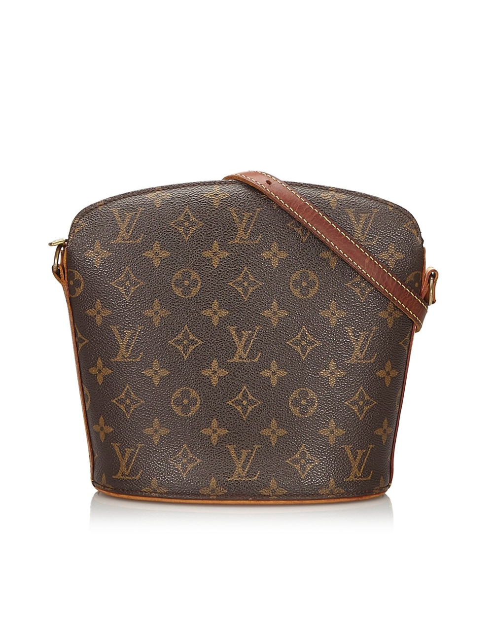 The Drouot features a monogram canvas body, an adjustable leather shoulder strap, a top zip closure,