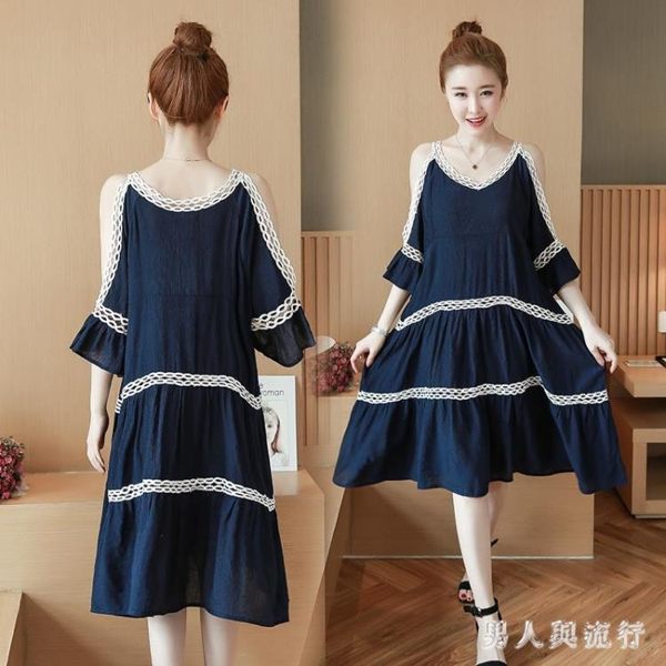 大尺碼洋裝波西米亞度假沙灘裙2019新款短袖露肩小香風V領中長款連身裙 DR27800【男人與流行】