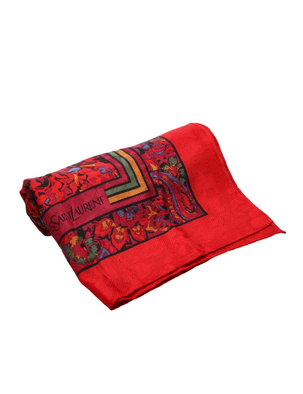 Product Details: Red YSL Printed Silk Scarf. This scarf features a print on 100% fabric. 42.5