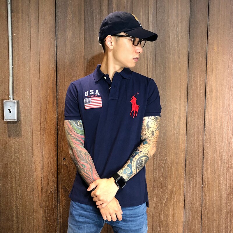 美國百分百【全新真品】Ralph Lauren 短袖 Polo衫 RL 大馬 國旗 網眼 男 上衣 深藍 C255