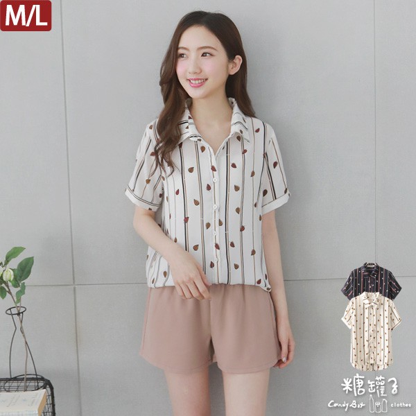 《預購》糖罐子滿版葉子條紋印圖前短後長雪紡襯衫(M/L)【E53847】