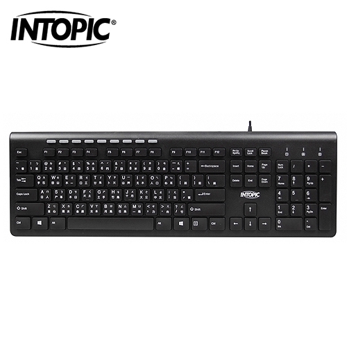 鍵帽使用特殊絲印表面處理，耐磨性強品名 / 規格：【INTOPIC 廣鼎】USB 標準鍵盤(黑) KBD-75-BK巧克力鍵盤新型結構設計九個多媒體鍵功能有線/無線：有線接頭/鍵數：USB1.1/10