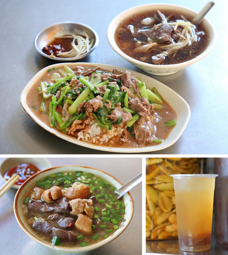 羊肉燴飯配一碗當歸羊肉湯(上)、阿柳姨豬血湯(左下)、添記古早味楊桃湯(右下)，都是覓食的好選擇。(攝影/Carter)