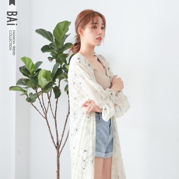 外套 大花朵透視雪紡紗荷葉水袖開襟長版罩衫-BAi白媽媽【190575】