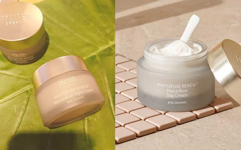100%天然植物萃取成分，81%以上有機認證，為肌膚提供所需養分，滋潤補水，並有效屏蔽日常空氣污染對肌膚造成的傷害，附贈迷你陶瓷勺。INIKA瑪卡葉活膚抗老日霜/晚霜50ml/2690元；50ml/2990元(圖/黃筱婷攝影、品牌提供)