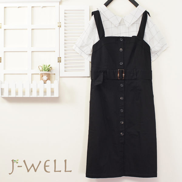 8J1595白格 鉛筆細條格紋襯衫領上衣 8P8435黑 吊帶合身洋