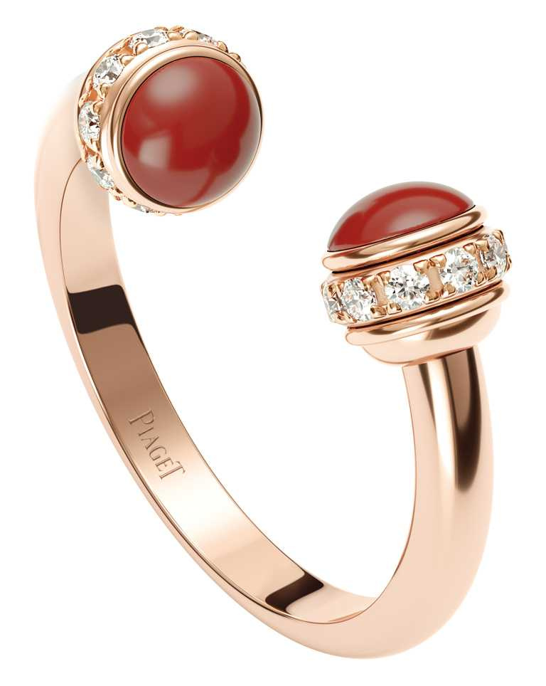 PIAGET「Possession系列」18K玫瑰金紅玉髓鑽石戒指╱93,000元。（圖╱PIAGET提供）