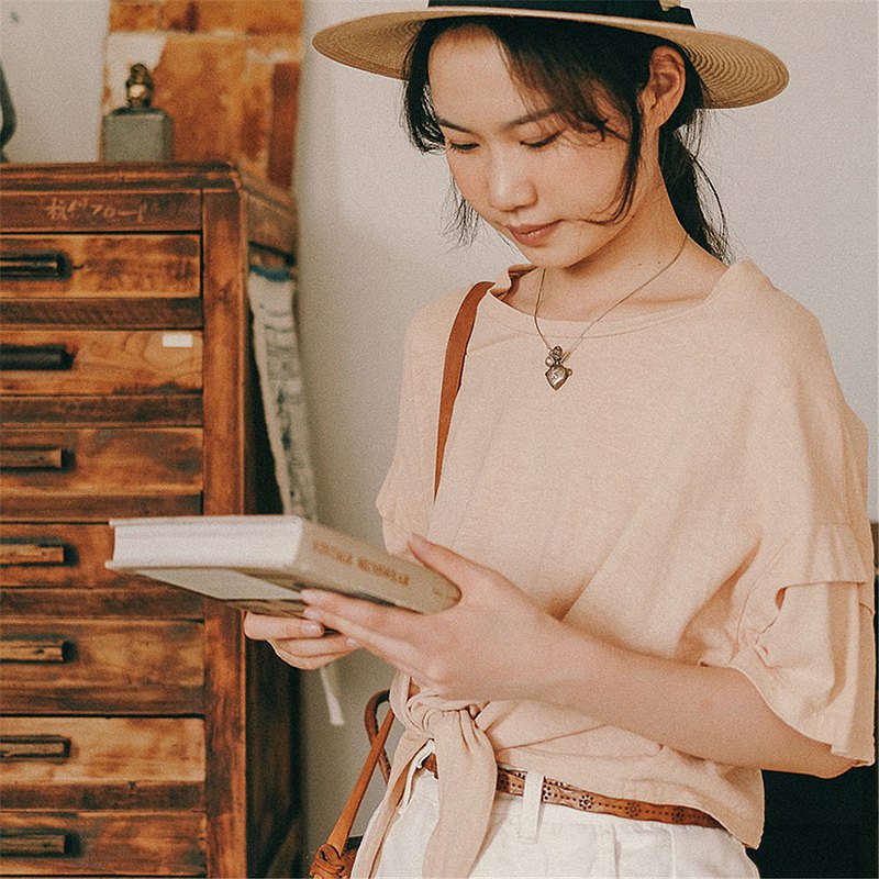 茱萸粉 4色 莫蘭迪色調漢麻棉植物染T恤 腰部打結設計感寬鬆上衣