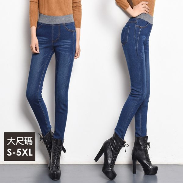 牛仔褲 【創意巴巴】S-5XL 視覺增高 彈性 鬆緊腰身 收肉 單寧 小腳 鉛筆褲 現貨