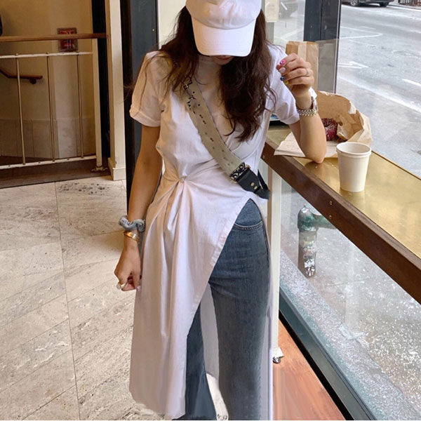 收腰側開岔 長版 棉T 短袖 上衣 洋裝 顯瘦 腰身 百搭 素面 開衩 設計感 韓國 NXS