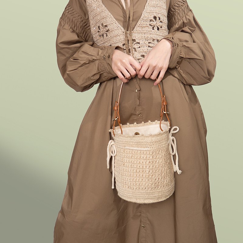 大地色素材系列 | 真皮手提黃麻線手工編織水桶包
