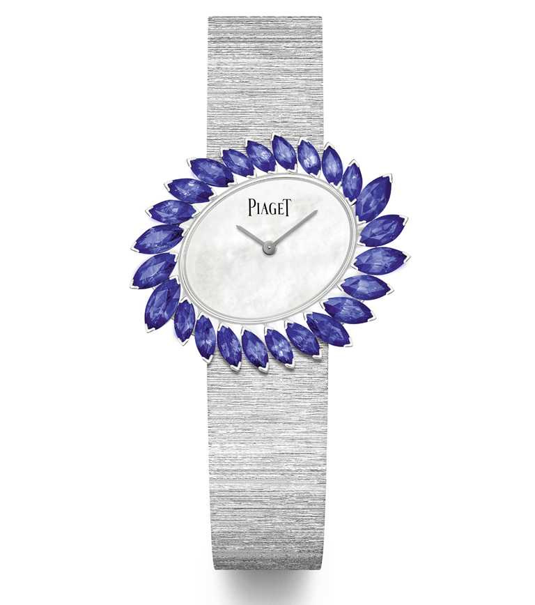 PIAGET「Golden Oasis系列」之「Desert Minerals-Blue Waterfall」藍寶石頂級珠寶腕錶，18K白金錶殼，27.9mm╱3,900,000元。（圖╱PIAGET提供）