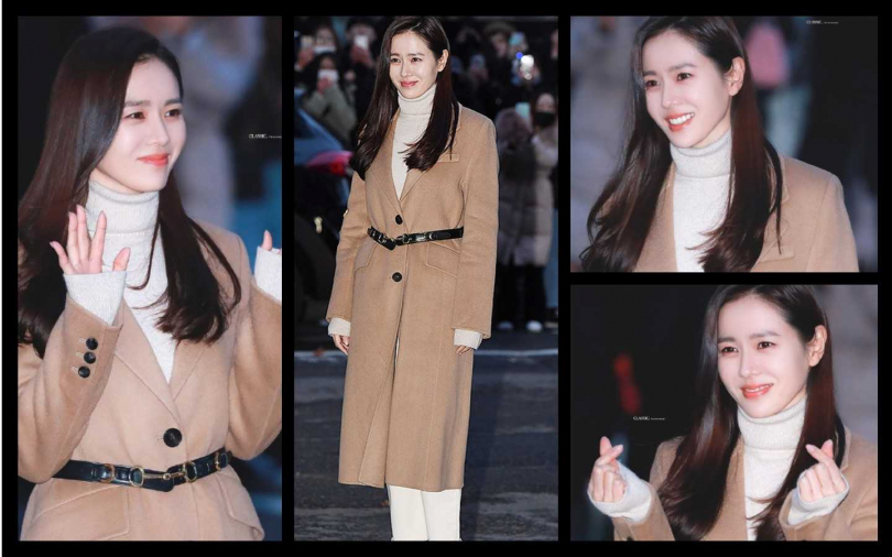 孫藝珍同樣選擇駝色款大衣，來自 Bottega Veneta駝色外套內搭白色毛衣，讓這對『國民CP』再埋談戀愛伏筆！（圖／微博提供）