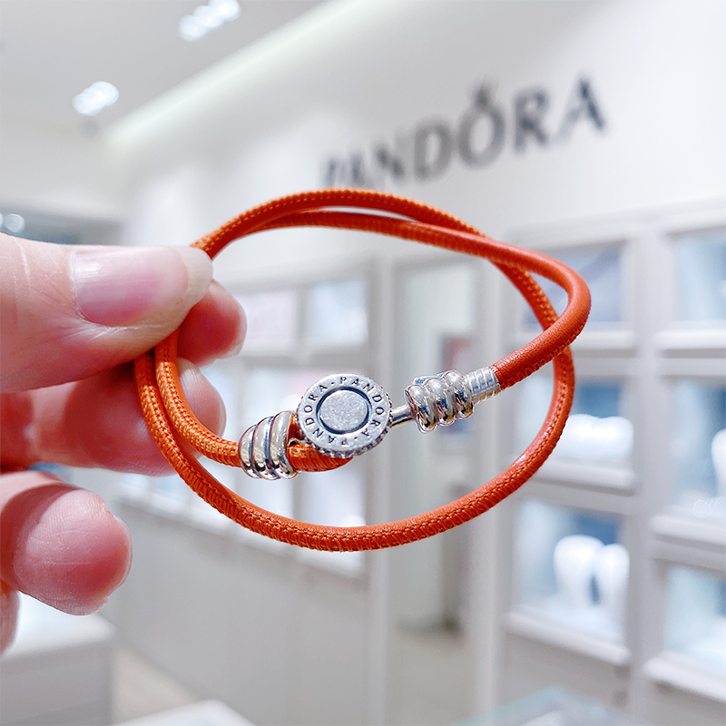 潘多拉官網Pandora專柜雙圈黑色皮繩情侶925銀手鏈男女590█745CBK