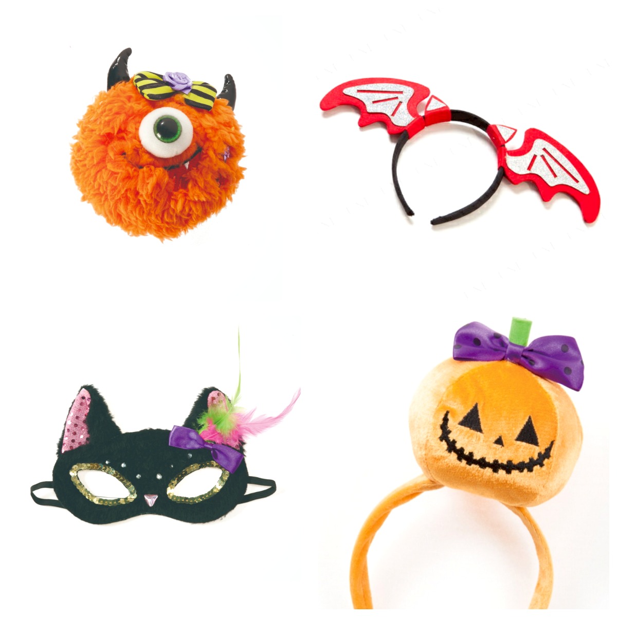 台隆手創館推出各式超萌萬聖節配件：(左上)橘單眼怪髮夾、(右上)蝙蝠髮箍、(左下)華麗貓眼罩、(右下)南瓜髮箍。(圖片提供/台隆手創館)
