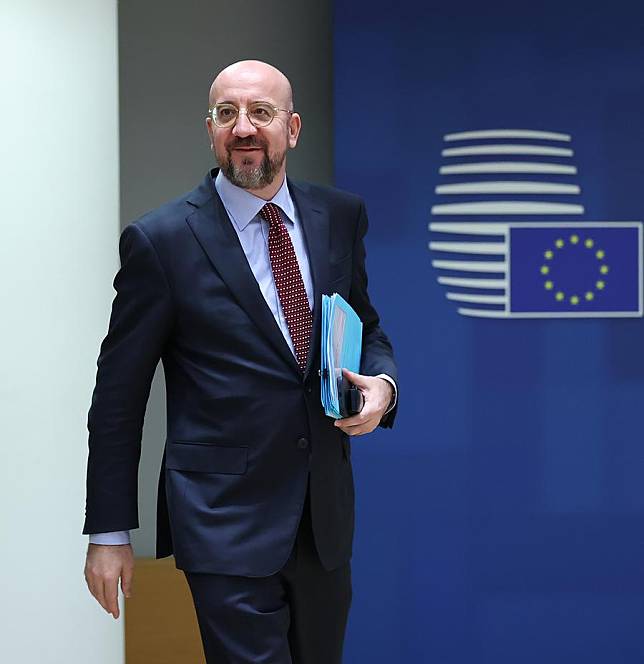 European Council President Charles Michel (L) attends a special European Union (EU) summit in Brussels, Belgium, Feb. 1, 2024. (Xinhua/Zhao Dingzhe)