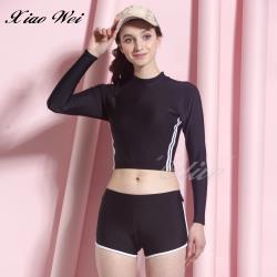 ◎運動休閒短版背心|◎|◎商品名稱:泳之美品牌時尚二件式長袖泳裝NO.281558品牌:泳之美類型:兩件式適穿對象:成人適穿性別:女生特色:海陸兩用,可泡溫泉尺寸:M,L,XL色系:黑色系鋼圈:無肩帶