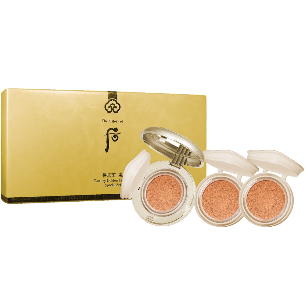 商品名稱：Whoo 后 拱辰享金采緊顏CC氣墊粉底限量禮盒 規格/容量： 1. Whoo 后 拱辰享金采緊顏CC氣墊粉底SPF50+/PA+++(15g)+盒 2. Whoo 后 拱辰享金采緊顏CC氣