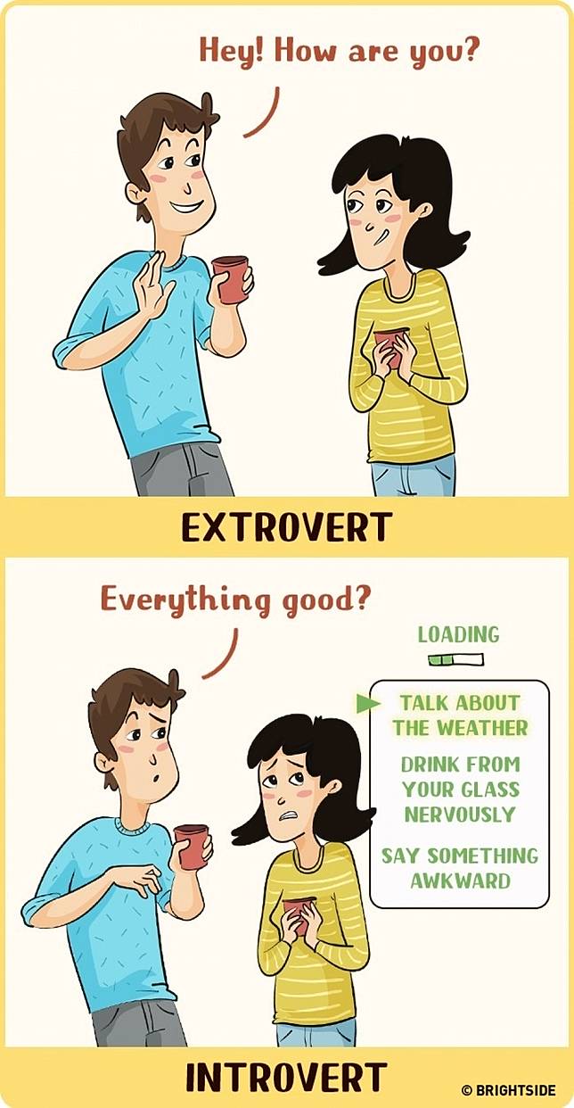 9 Ilustrasi Lucu Tentang Perbedaan Orang Introvert Ekstrovert Dalam Kehidupan Sehari Hari