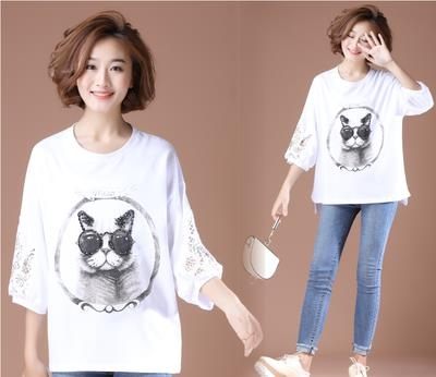 大碼女裝2019夏季現款眼鏡貓咪印花蕾絲鏤空手袖圓領寬松T恤N2FB05F衣人有約