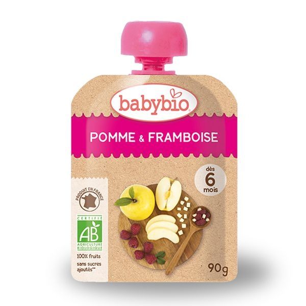 BABYBIO 有機蘋果覆盆莓纖果泥90g-法國原裝進口6個月以上嬰幼兒專屬副食品