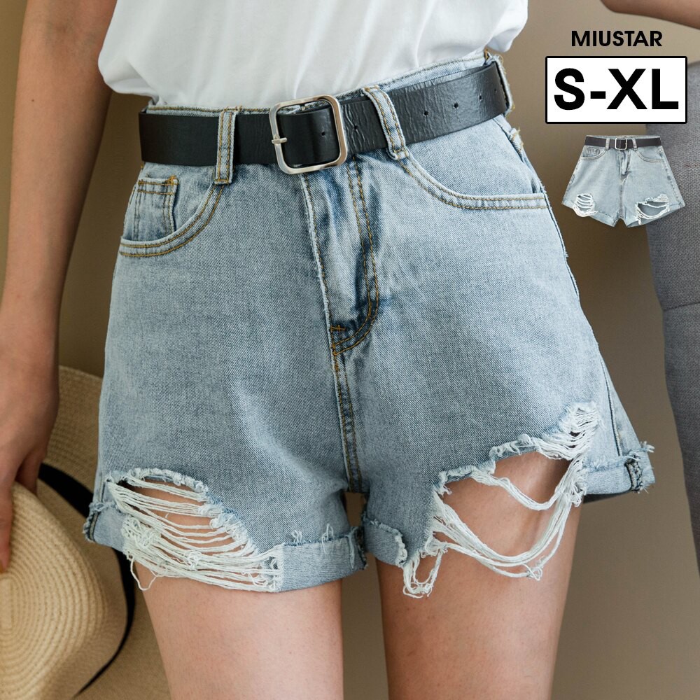 MIUSTAR 大腿顯瘦 反褶割破附皮帶牛仔短褲(共1色，S-XL)0702 現貨+預購【NG001355】