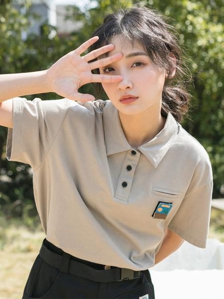 爾給翻領polo衫日系上衣古著感少女t恤夏寬鬆短袖女2019新款學生